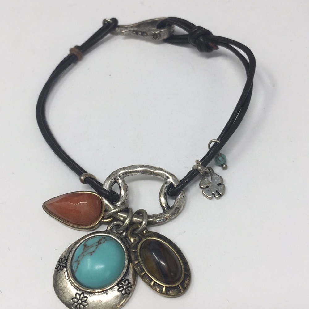 Leather charm bracelet with folding hook clasp